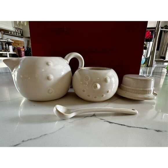 Pottery Barn Snowman Stackable Tea Set Ceramic Holiday Vintage w Spoon - Picture 5 of 9